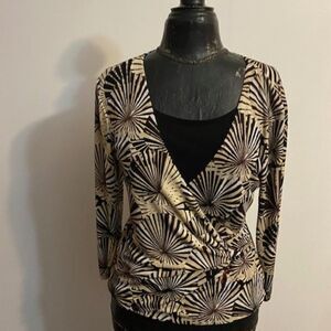 Notations Brown/Black/Tan geometric wrap front blouse, size S